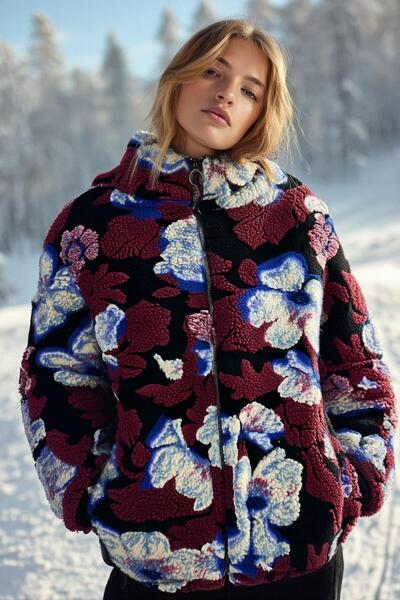 LAGRANZE Women's Floral Patterned Hooded Teddy Plush Short Coat