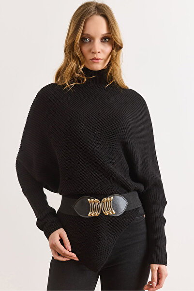 Olalook Women's Black Half Fisherman Skirt Asymmetrical Poncho Sweater Kzk-19...