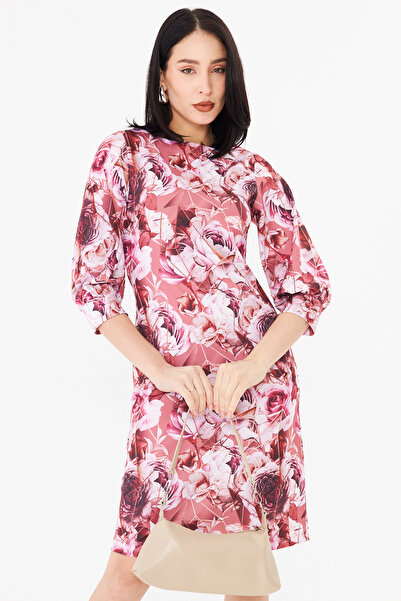 ESPİNA Women's Boat Neck Floral Print Three Quarter Balloon Sleeve Midi Dress
