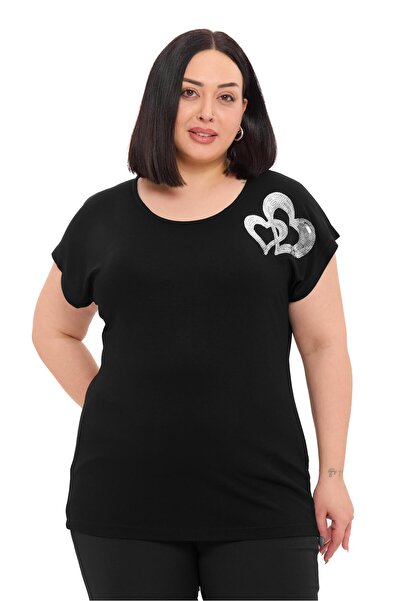 DISENTIS MODEST Plus Size Low Short Sleeves Black Blouse with Heart Pattern o...