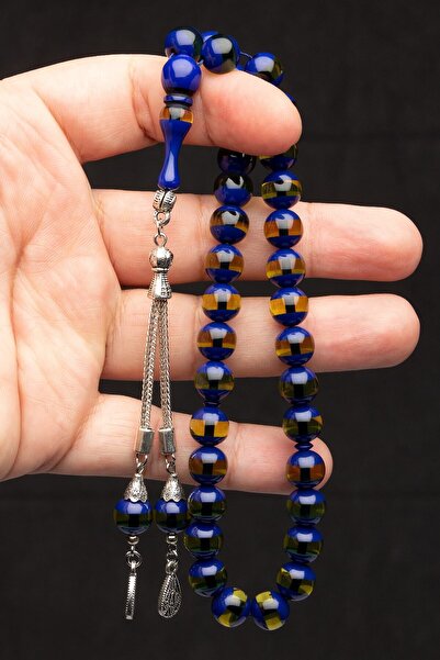 EHİNOS خاص للمشجعين 10 ملم أصفر أزرق داكن مسحوق عمودي خرز صلاة كهرماني