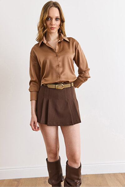 Olalook Дамски кафяви къси панталони с колан и цип, плисирана пола ETK-19000392