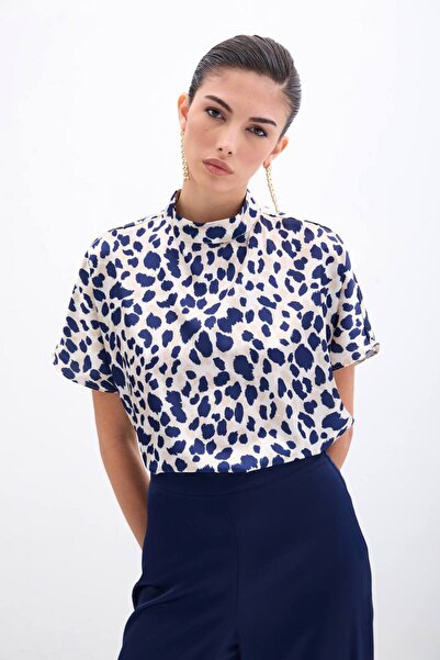 Sateen KADIN LEOPAR DESENLİ SALAŞ DİK YAKAYARASA KOL ŞIK BLUZ-LACİVERT