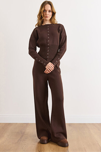 Olalook Women's Brown Snap Detailed Bottom and Top Knitwear Set Tkm-19000473