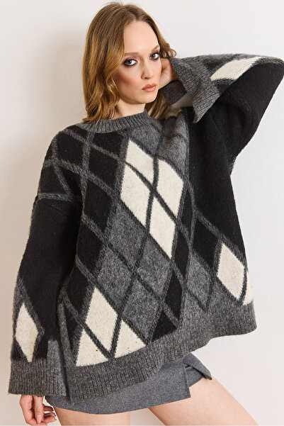 Olalook Women's Smoked Baklava Plaid Detailed Knitwear Sweater Kzk-19001125