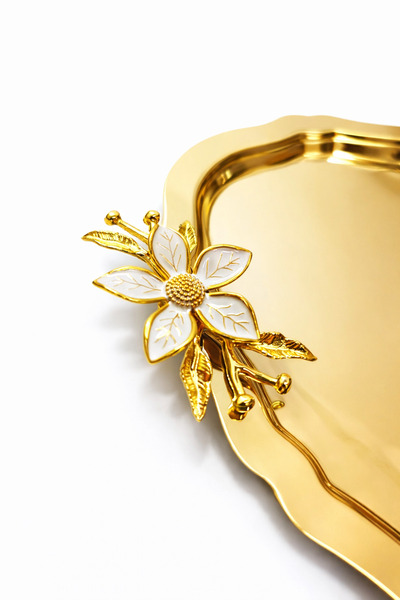 FABRIONA TEK TARAFLI GOLD 6’lı Paslanmaz Çelik Oval Mini Papatyalı Çay Kahve Sunum Söz Nişan Tepsisi 20x25 cm