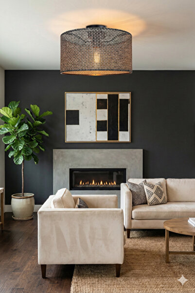 decory De-Goza Tavana Sıfır Plafonyer Avize, 30cm Silindir Kumaş Gövde Modern...