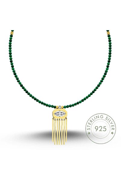 Pietra Kadın 925 Ayar Gümüş Saçaklı Göz Tasarımlı 2,5 mm Düz Kesim Malahit Ta...