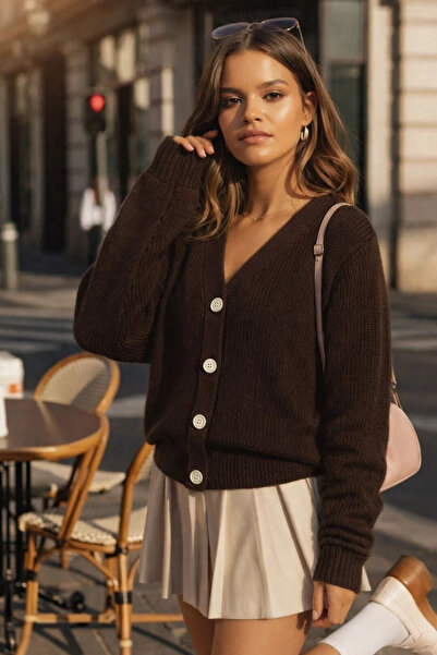 COMBİNE MİCHAİL Women's Pleated Winter V-Neck Brown Knit Sweater