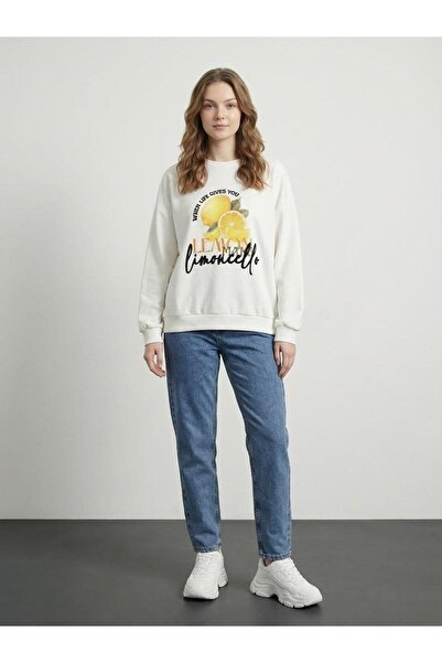Quzu Print Detailed Sweatshirt -Ecru