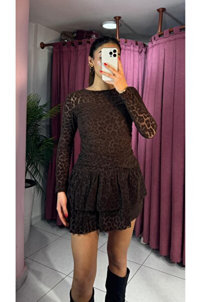 inci bayan giyim Rochie mini cu volane cu imprimeu leopard