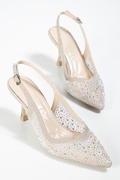 ALTIN TOPUK Pantofi de seară cu toc cu pietre aplicate din plasă neagră pentr...