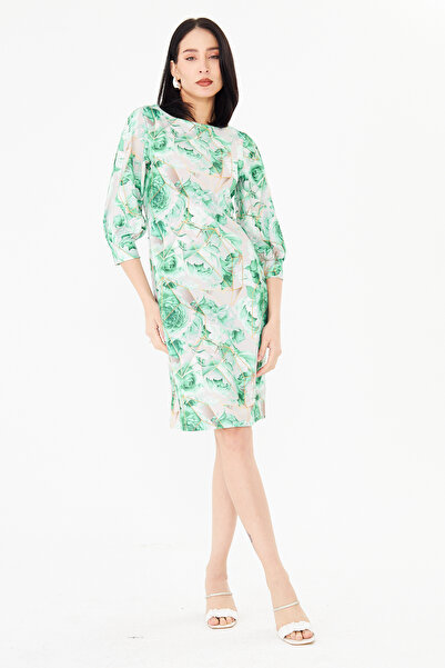 ESPİNA Women's Boat Neck Floral Print Three Quarter Balloon Sleeve Midi Dress