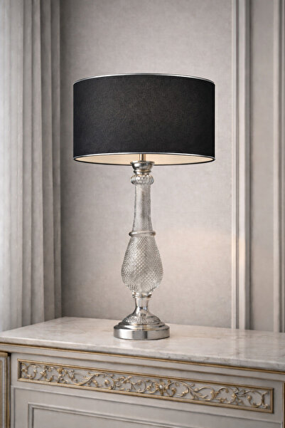 Lampada Zoa Krom Kaplama Kristal Modern Abajur - Siyah Krom Detay