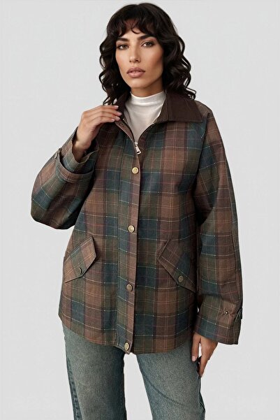 Trend Alaçatı Stili Women's Burgundy Double Pocket Plaid Patterned Coat Alc-X...