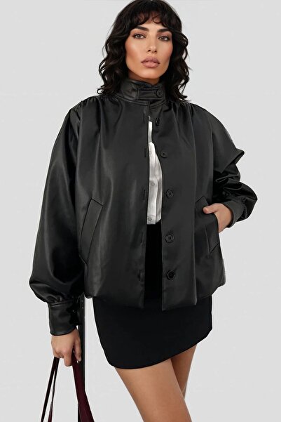 Trend Alaçatı Stili Women's Black Mock Neck Faux Leather Bomber Jacket Alc-X1...