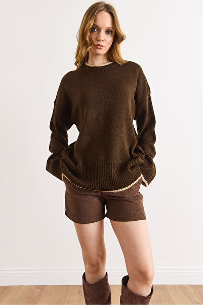 Olalook Women's Brown Striped Detail Soft Textured Knitwear Sweater Kzk-19001129