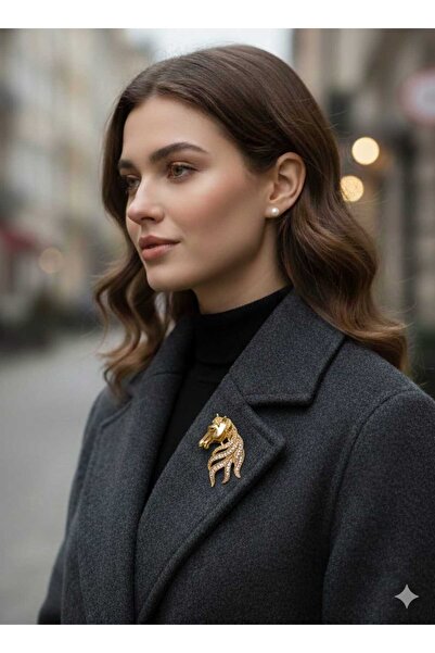 Ralp Moda Gold Renk Zirkon Taş İşlemeli At Figürlü Modern Yaka Broşu