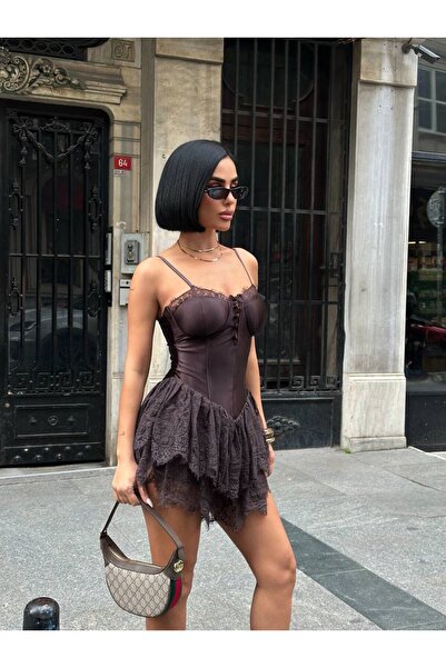 NEW JOURNAL Kadın Acı Kahve Askılı Saten Korseli Eteği Dantelli Şortlu Mini E...