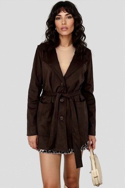 Trend Alaçatı Stili Women's bitter brown self-belted short suede jacket alc-x...