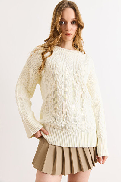 Olalook Women's Ecru Hair Braided Knitwear Sweater Kzk-19001130