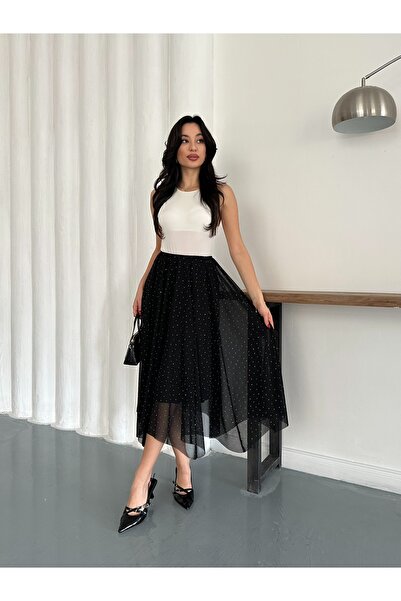 LE CARAMBOLE Women's Black Stone Detailed Asymmetrical Tulle Skirt