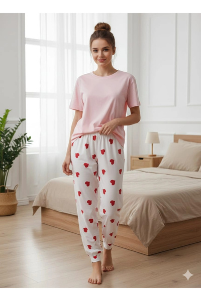 Erdenay Tekstil Silky Textured Suede Pajama Bottoms with Red Hearts on Ecru