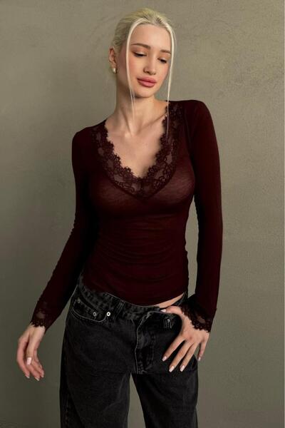 Madmext Burgundy V-Neck Lace Transparent Women Blouse Mg2662