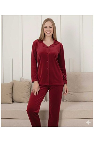 Asel Red Color Buttoned Women's Velvet Pajama Set