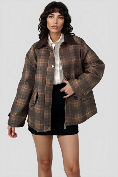 Trend Alaçatı Stili Women's brown double pocket plaid patterned coat alc-x15030