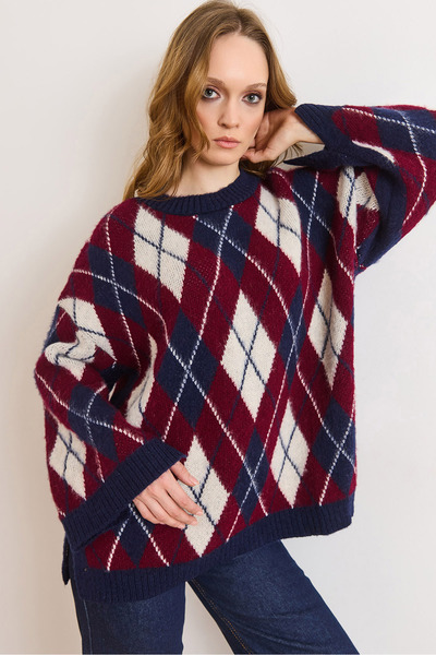 Olalook Women's Navy Blue Baklava Pattern Knitwear Sweater Kzk-19001124