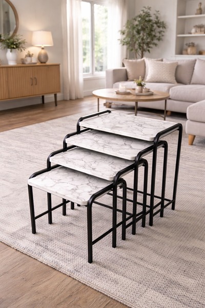 Can Vista Home Beyaz Mermer desen Siyah Demir 4'lü Dikdörtgen Zigon Sehpa