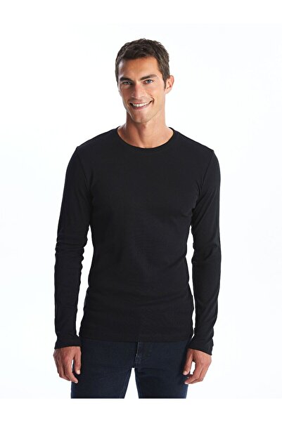 LC Waikiki تي شيرت LCWAIKIKI كلاسيكي أسود برقبة دائرية وأكمام طويلة من القطن ...