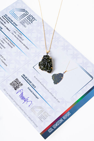 OSMANLI DOĞAL TAŞ Sertifikalı Özel Tasarım Moldavit Taşı Gümüş Kolye (S.K. 292)