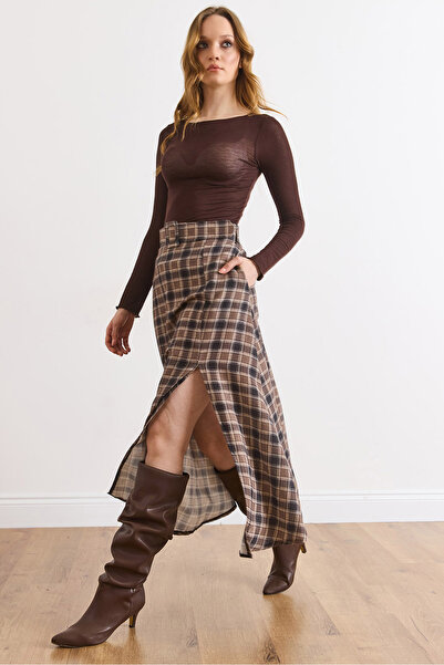 Olalook Women's Mink Belt Detailed Pocketed Slit Polyviscon Flowy Skirt Etk-1...