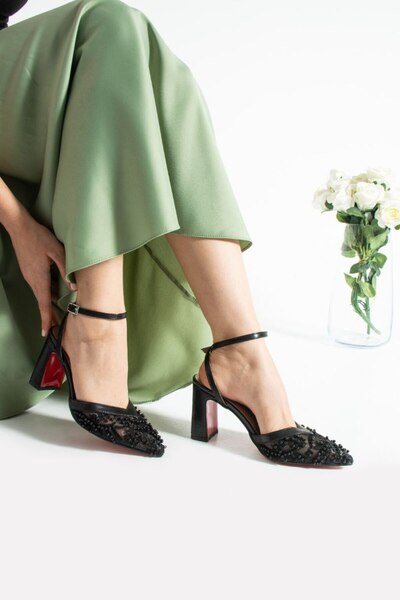 ELVI Women's Black Stone Heeled Shoes [9] cm