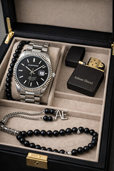 pierrose Gümüş Çelik Siyah Kadran Su Geçirmez Metal Erkek Kol Saati Çakmak Te...