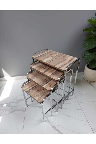 Can Vista Home 4'lü Çeviz krom Metal Ayaklı Dikdörtgen Zigon Sehpa