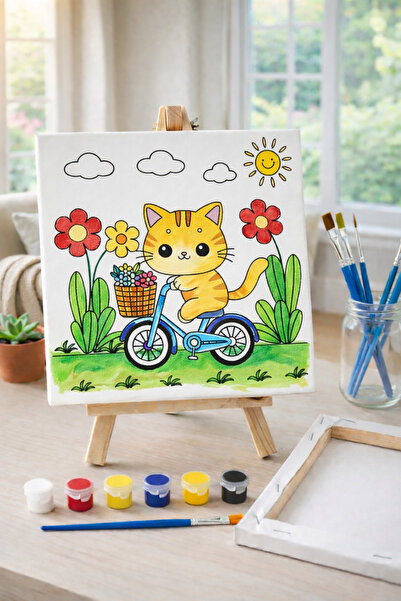 RenkliİzlerAtölyesi Çocuk Tuval Boyama Seti (Bisikletli Kedicik)
