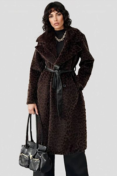 Trend Alaçatı Stili Palton maro pentru femei imprimeu leopard Alc-X15033