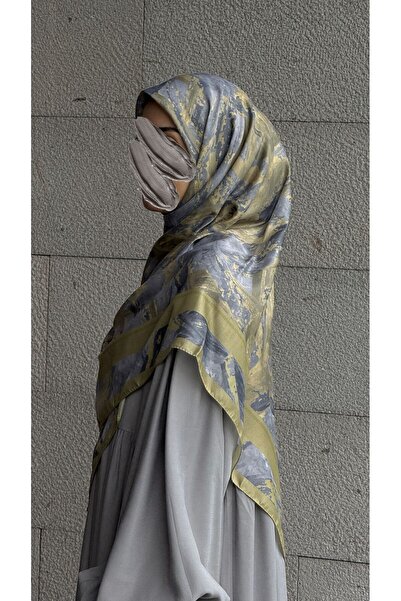 Qalortex Scarf وشاح بنمط فرشاة ناعمة من القطن - أخضر زيتوني/رمادي