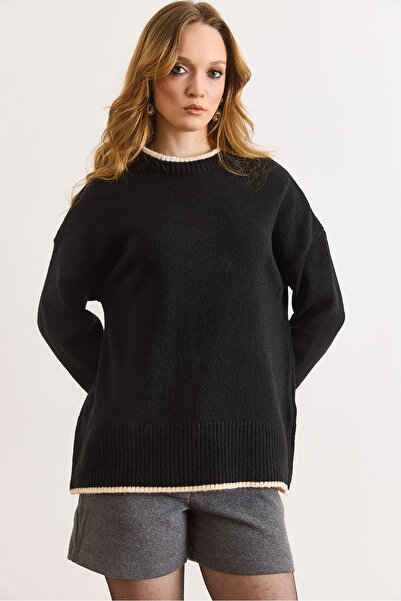 Olalook Women's Black Striped Detail Soft Textured Knitwear Sweater Kzk-19001129