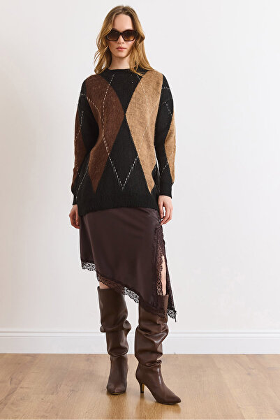 Olalook Fusta de damă maro cu fermoar cu fantă din satin asimetric cu detaliu...