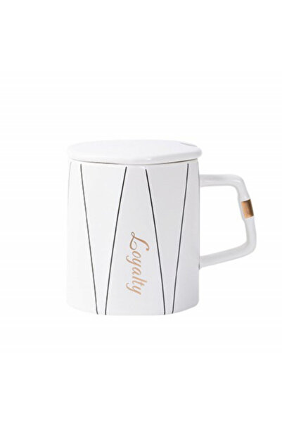 PUFO Loyalty ceramic mug with lid and spoon for coffee or tea, 320 ml, white