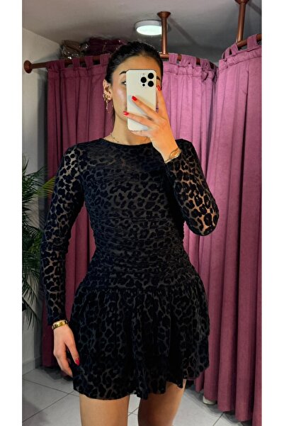 inci bayan giyim Rochie mini cu volane cu imprimeu leopard