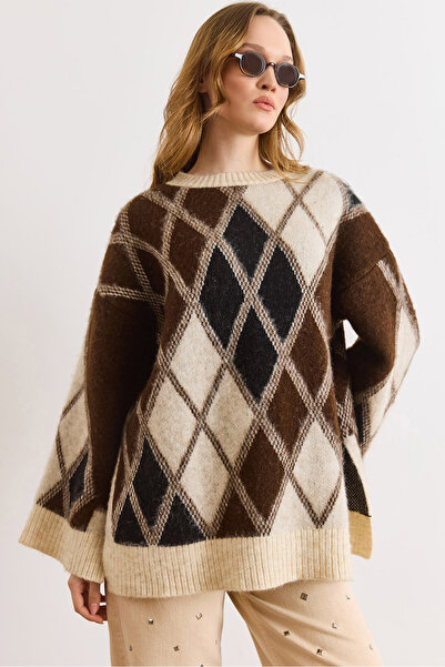 Olalook Kadın Taş Baklava Ekose Detaylı Triko Kazak KZK-19001125