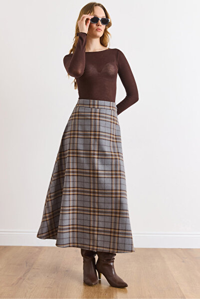 Olalook Women's Gray Plaid Woven Bell Skirt Etk-19000388