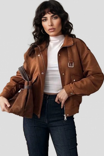 Trend Alaçatı Stili Women's Tan Shoulder Epaulettes Mock Neck Button Jacket A...