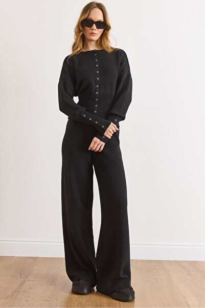 Olalook Women's Black Snap Detailed Bottom and Top Knitwear Set Tkm-19000473