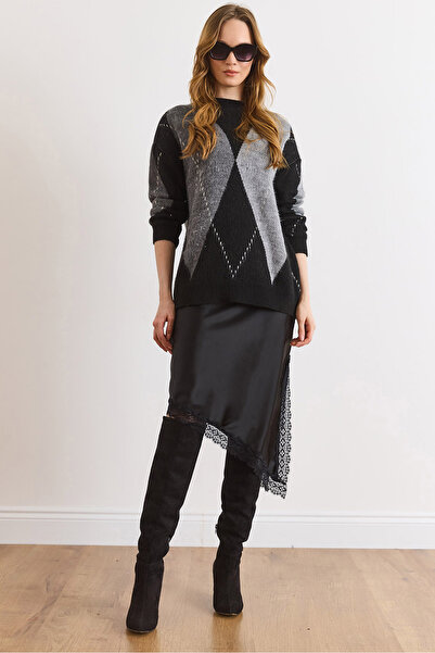 Olalook Women's Black Zippered Slit Lace Detailed Asymmetrical Satin Skirt Et...